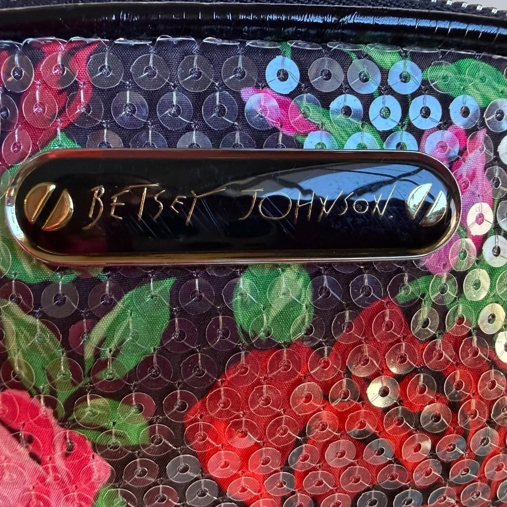 Betsey Johnson Sequin Rose Black Floral Cosmetic Bag - Set of 2
